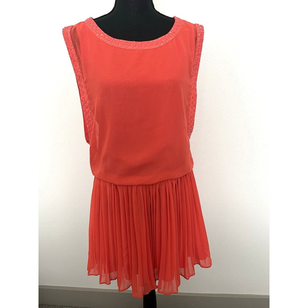 Moon Collection Women's Orange Flare‎ Pleated Embellished Mini Dress Medium